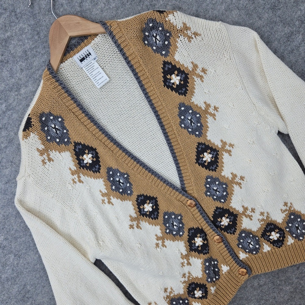 Leslie Fay Sport Cardigan Women's XL Ivory Tan Geometric Knit V-Neck Sweater